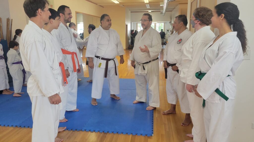 Adults in white uniforms listening to their Sensei