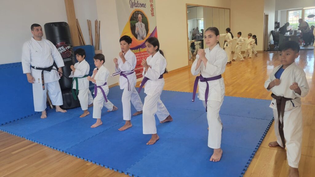 Kids in white uniforms in a line, training with their Sensei